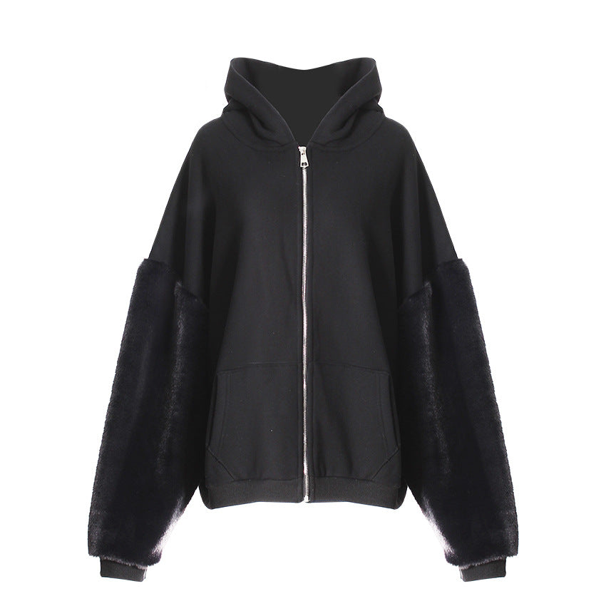 Sudadera con capucha de invierno con forro polar y mangas peludas para mujer, estilo informal, holgado, con mangas largas, tipo cárdigan, prenda exterior