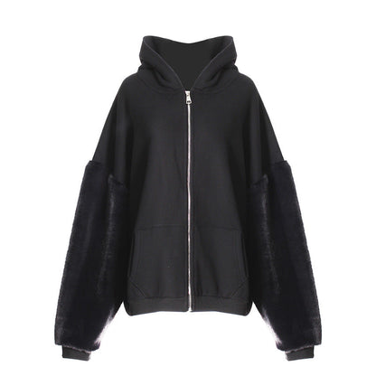 Sudadera con capucha de invierno con forro polar y mangas peludas para mujer, estilo informal, holgado, con mangas largas, tipo cárdigan, prenda exterior