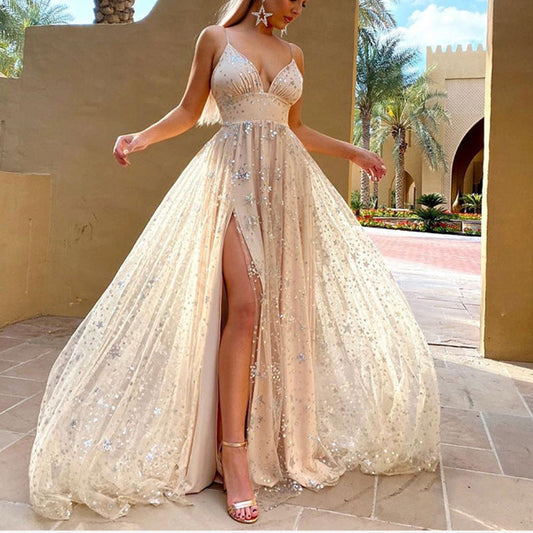 Vestido de mujer con abertura en la cintura y cristales brillantes, vestido amplio con vuelo.