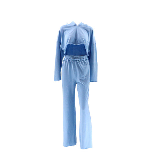 Conjunto de suéter corto con capucha y manga larga para mujer, pantalones holgados con cintura elástica y abertura, con borde suelto