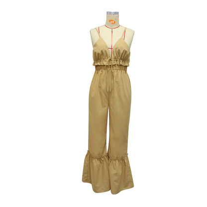 Mono sexy de verano de color sólido con tirantes y cuerno para mujer