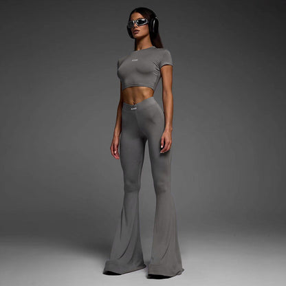 Sports Casual Basic Pullover Cropped Short Sleeve Top High Waist Flared Pants Yoga Sexy Two Piece Set