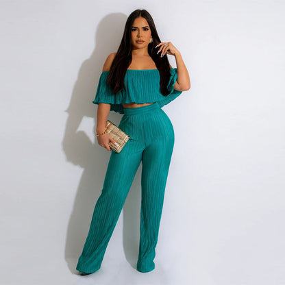 Traje de pantalón ancho con hombros descubiertos y volantes plisados para mujer