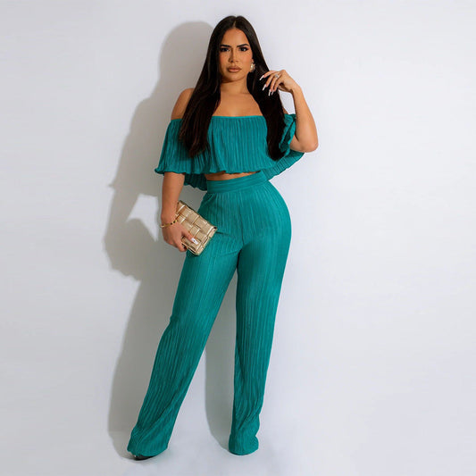 Traje de pantalón ancho con hombros descubiertos y volantes plisados para mujer