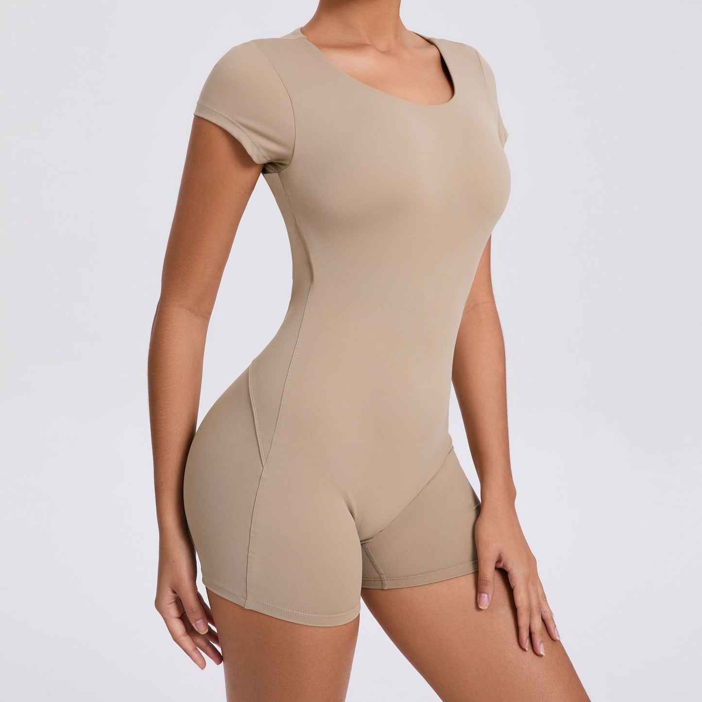 Mono de yoga ajustado de manga corta con espalda descubierta y escote en V para baile, deportes, entrenamiento y levantamiento de cadera y abdomen.