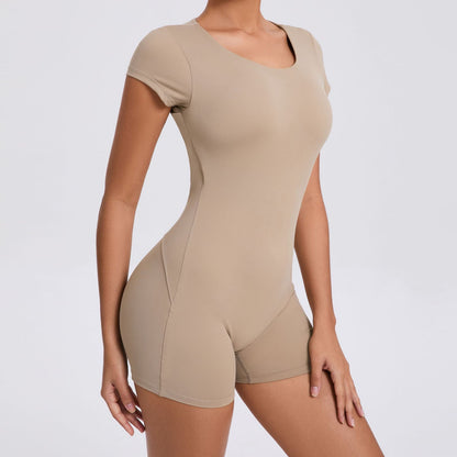 Mono de yoga ajustado de manga corta con espalda descubierta y escote en V para baile, deportes, entrenamiento y levantamiento de cadera y abdomen.