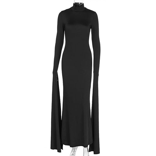 Women Clothing Autumn Personality Slim Fit Sexy Backless Half High Collar Long Sleeves Dress