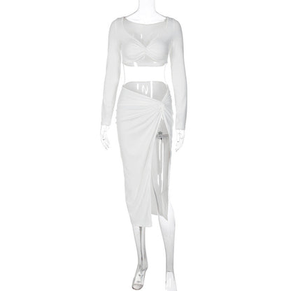 Long Sleeved V neck sets Autumn Women Sexy Tight High Waist Slit Skirt Two Piece sets