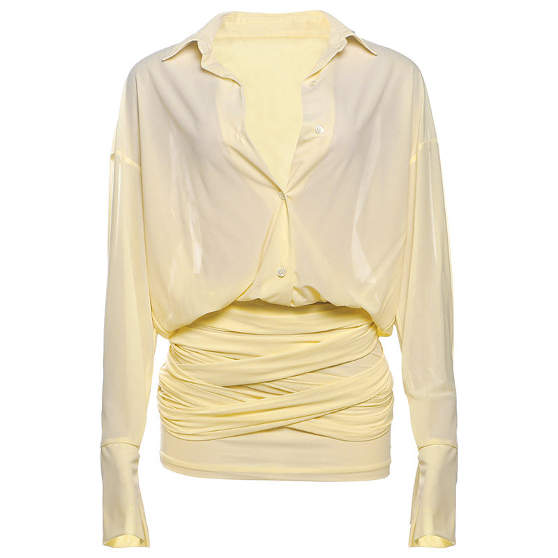 Vestido camisero elegante y sexy de primavera para mujer, ajustado, con cuello y cordones, vestido corto.