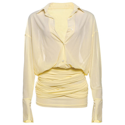 Vestido camisero elegante y sexy de primavera para mujer, ajustado, con cuello y cordones, vestido corto.