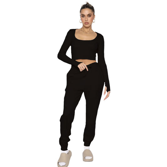 Traje de dos piezas para mujer, jersey de cuello en U, manga larga, pantalones informales, otoño e invierno
