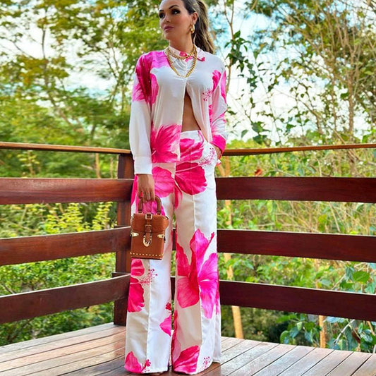Traje de mujer, camisa estampada, pantalones anchos de primavera y otoño, traje informal de dos piezas para mujer