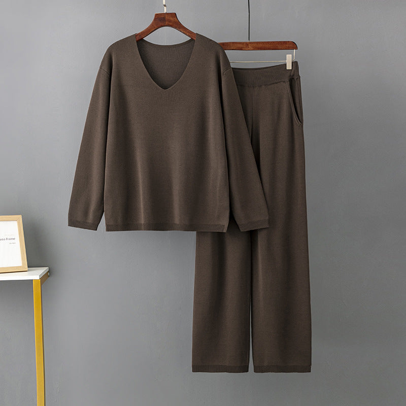 Traje de seda helada con cuello en V de color liso para primavera y otoño, suéter informal de dos piezas con cintura alta y holgado