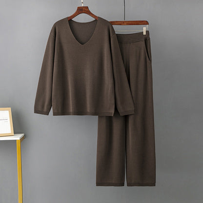 Traje de seda helada con cuello en V de color liso para primavera y otoño, suéter informal de dos piezas con cintura alta y holgado