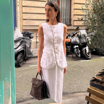 Chaleco blanco sin mangas con cuello cuadrado y falda de cintura alta, traje de alta costura para mujer