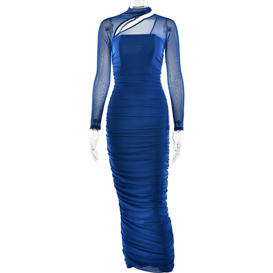 Women Dress Mesh round Neck Long Sleeve Backless Tube Top Slim Fit Pleated Dress
