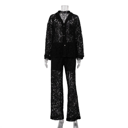Conjunto de dos piezas de encaje transparente para mujer, sexy, cuello polo, camisa, pantalones, traje