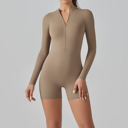 Mono deportivo de una pieza con cuello abierto y manga larga con cremallera para mujer, ropa sexy ajustada para yoga y baile.