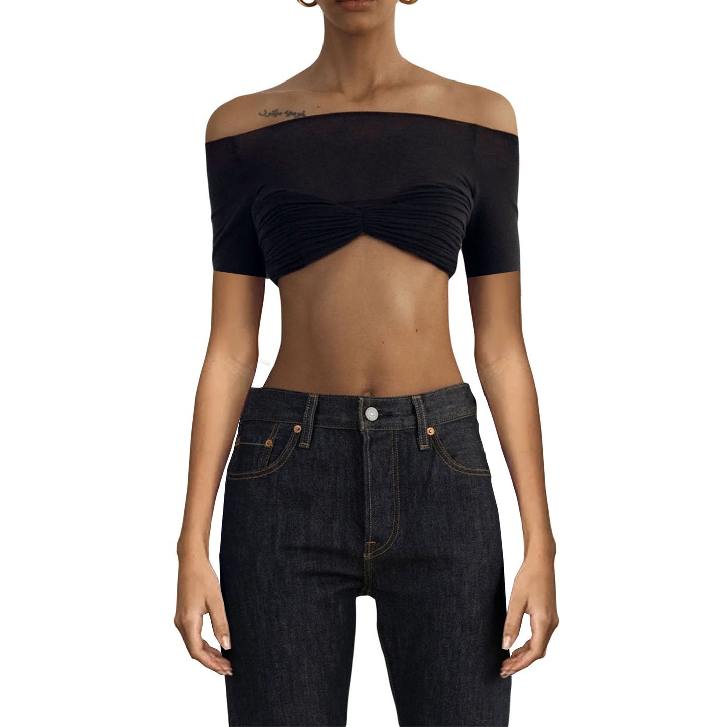 Camiseta de manga corta transparente con cuello de hombro descubierto para mujer de primavera y verano