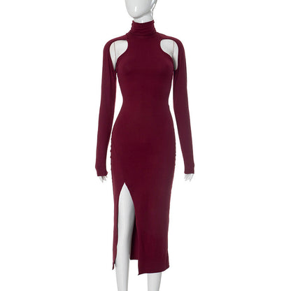 Vestido sexy ajustado color cereza profundo con aberturas y largo medio para mujer