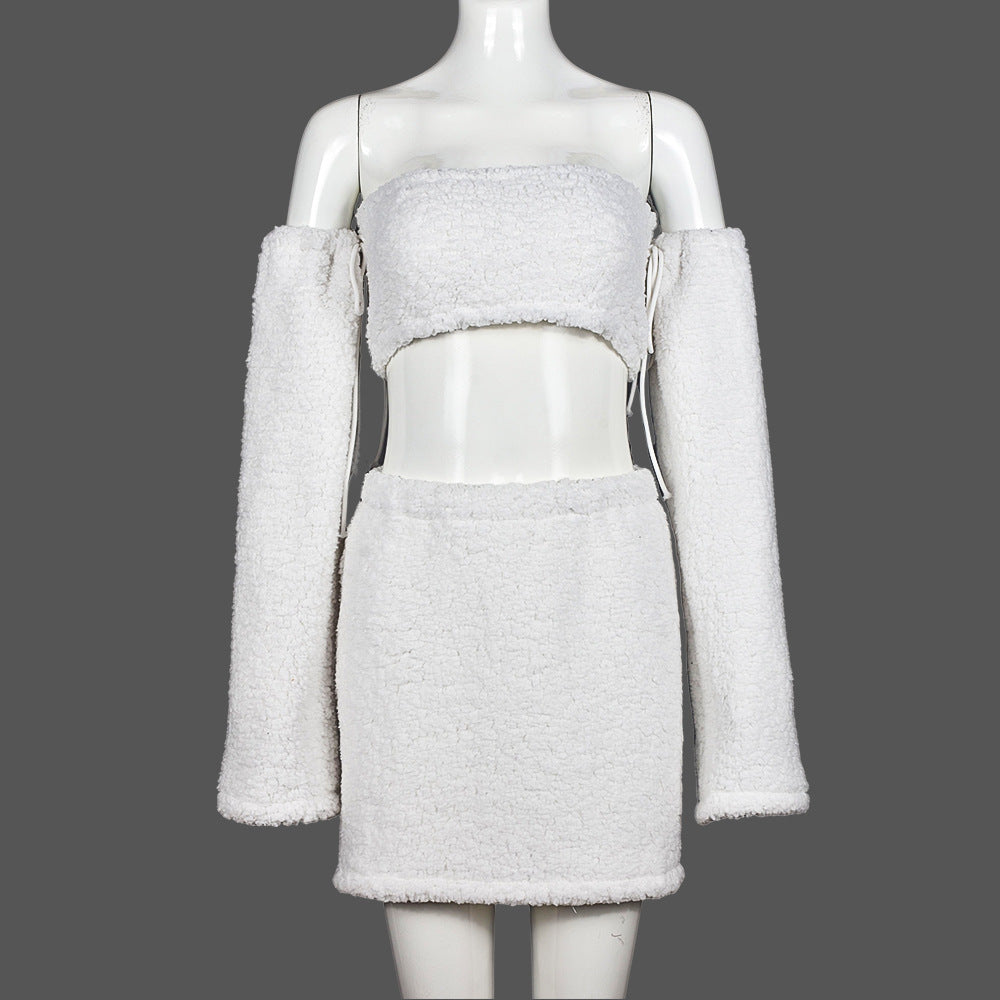Conjunto de camiseta sin mangas sexy de felpa de doble cara para otoño e invierno con falda corta con aberturas