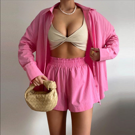 Conjunto de dos piezas de primavera y verano, color liso, botonadura sencilla, camisa de manga larga con cuello y pantalones cortos, conjunto informal holgado