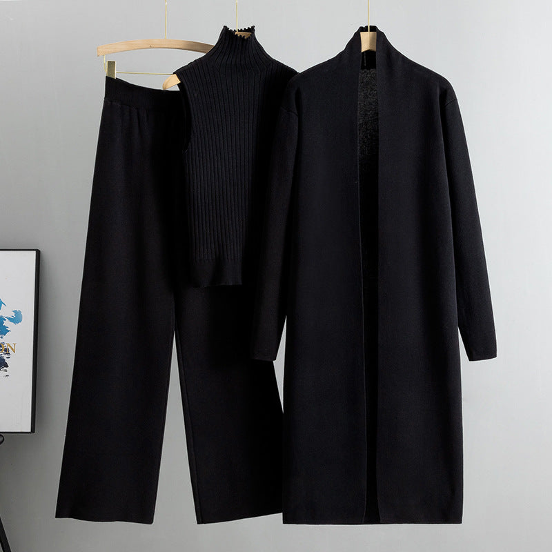 Conjunto de tres piezas de primavera para mujer, traje de punto holgado, cárdigan con chal largo y cuello alto, chaleco y pantalones de pierna ancha