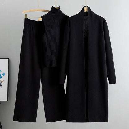 Conjunto de tres piezas de primavera para mujer, traje de punto holgado, cárdigan con chal largo y cuello alto, chaleco y pantalones de pierna ancha