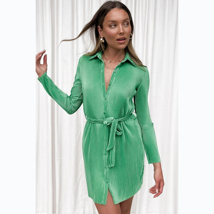 Vestido camisero plisado de un solo pecho en color liso para primavera y verano