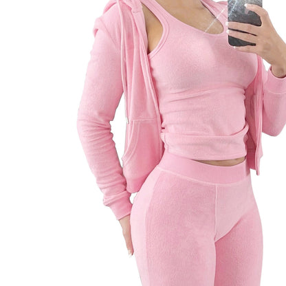 Conjunto de tres piezas de chaleco con capucha de felpa para otoño e invierno de International Station para mujer