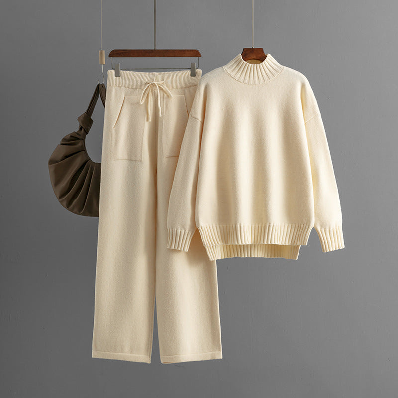 Traje de punto resistente al frío para mujer, suéter grueso y holgado, cuello medio alto, manga larga, traje de dos piezas para mujer