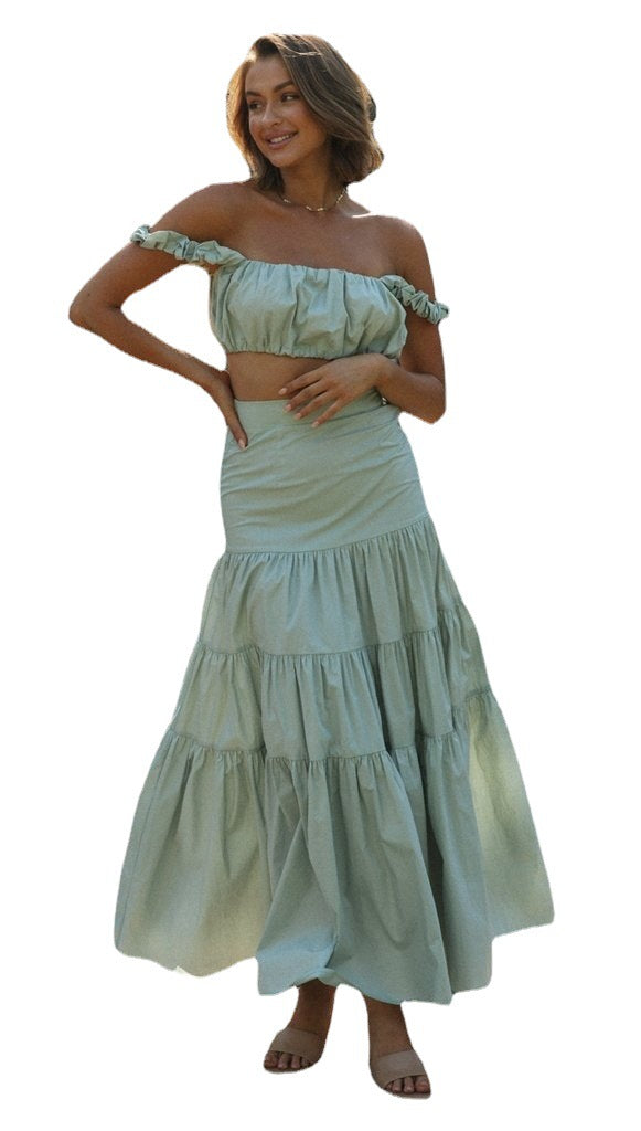Conjunto de top con tirantes y falda larga de color liso para mujer