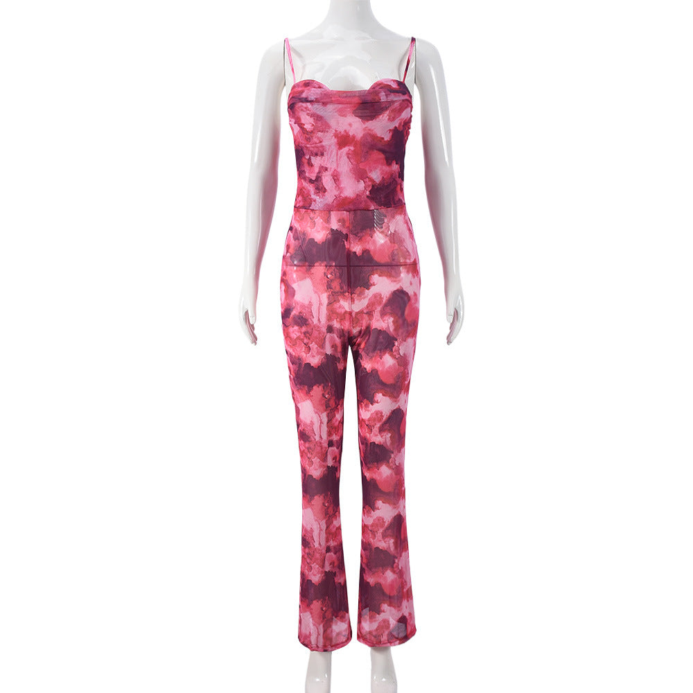 Mono de mujer con tirantes sexys, espalda descubierta y estampado floral de malla de otoño