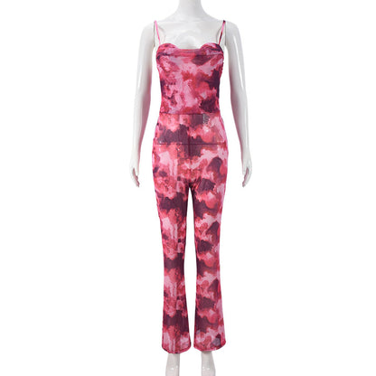 Mono de mujer con tirantes sexys, espalda descubierta y estampado floral de malla de otoño