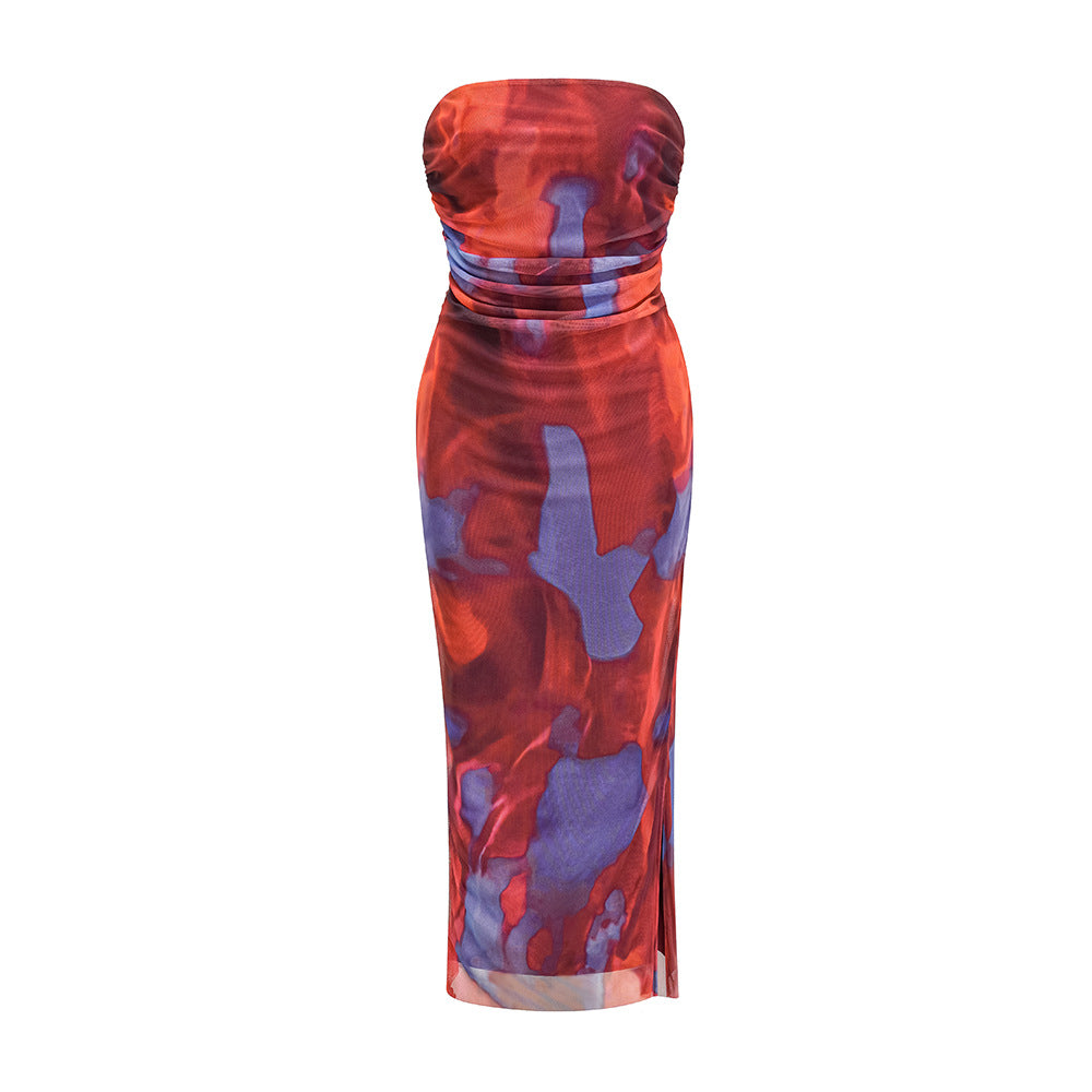 Vestido sexy de malla con doble capa y abertura lateral para mujer, primavera y verano