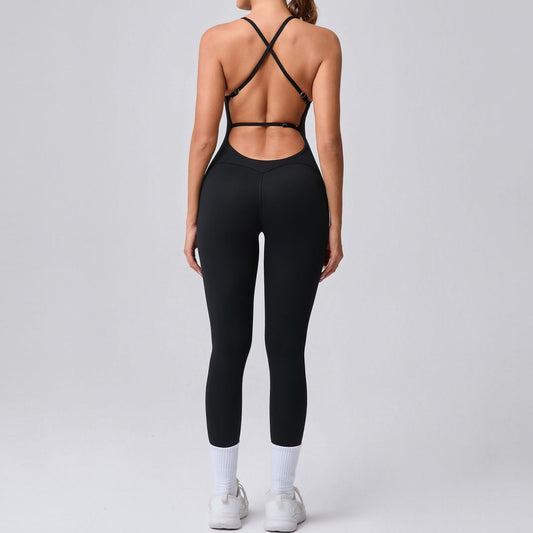 Mono de yoga ajustado con correa de hombro ajustable, espalda de belleza, color melocotón, ropa deportiva de fitness