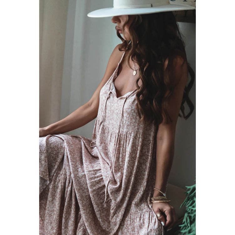 Vestido largo holgado con tirantes, capas y cordones, vestido floral para mujer