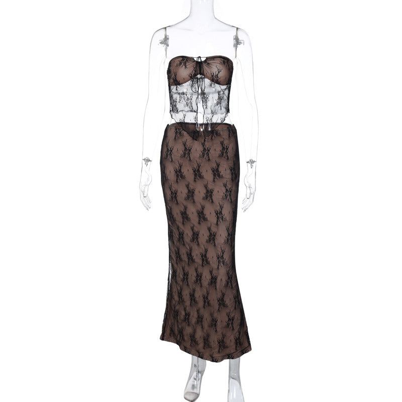 Conjunto de falda midi ajustada con escote en V y costuras de encaje sexy para mujer