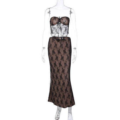 Conjunto de falda midi ajustada con escote en V y costuras de encaje sexy para mujer