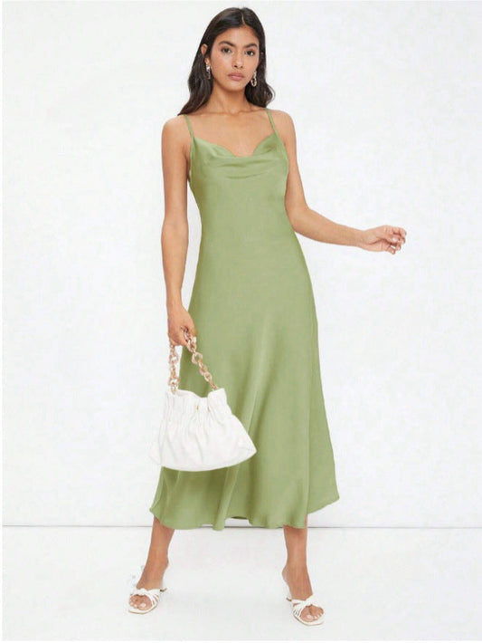 Vestido ajustado de color liso con escote en V profundo y tirantes de satén para mujer, primavera y verano