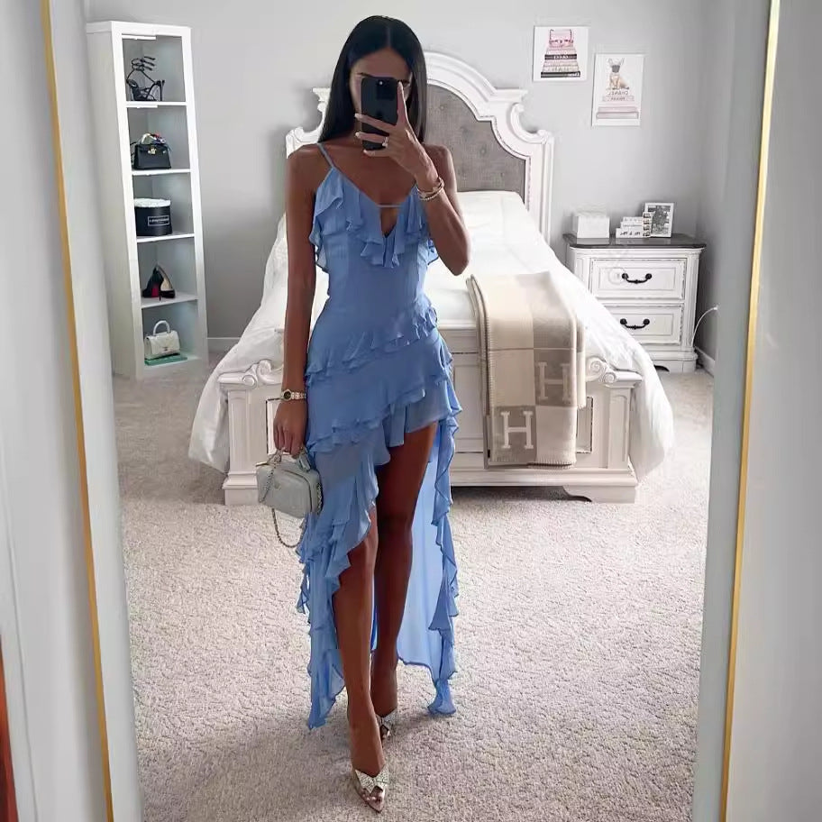 Vestido asimétrico irregular de color sólido con tirantes sexy