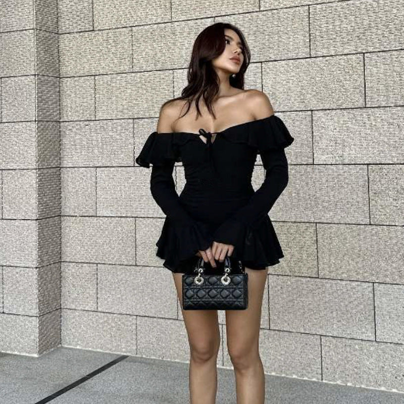 Vestido tubo de color liso con volantes y espalda descubierta sexy para mujer Otoño Invierno