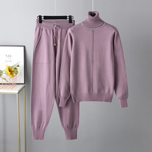 Conjunto casual de otoño e invierno con cuello alto y suéteres de color liso, conjunto de dos piezas