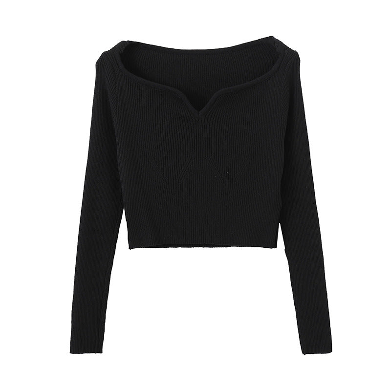 Suéter corto con cuello de pétalo para mujer, camisa de otoño ajustada con clavícula.