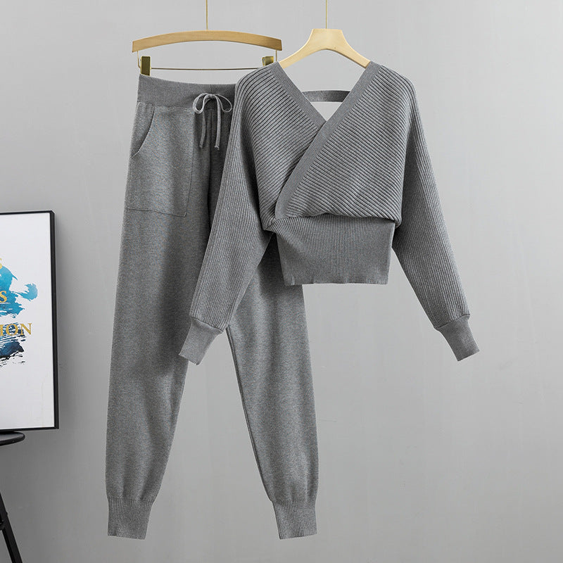 Conjunto elegante de dos piezas para mujer, de estilo socialité, con hombros descubiertos, suéter corto y sexy, pantalones casuales con lazo en el tobillo y pantalones de otoño