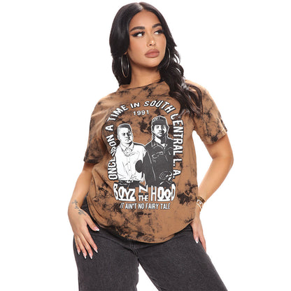 Camiseta deportiva informal de manga corta con estampado teñido anudado y lavado mineral para mujer