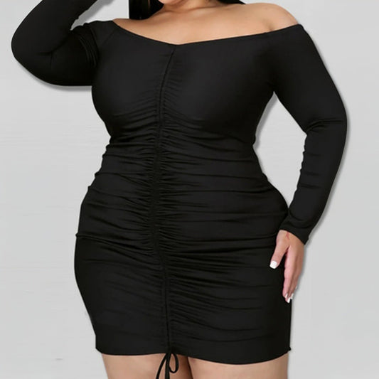 plus Size Women Clothing Sexy Sexy Dress Autumn Winter One Neck Slim Fit Hip Wrapped Short Dress