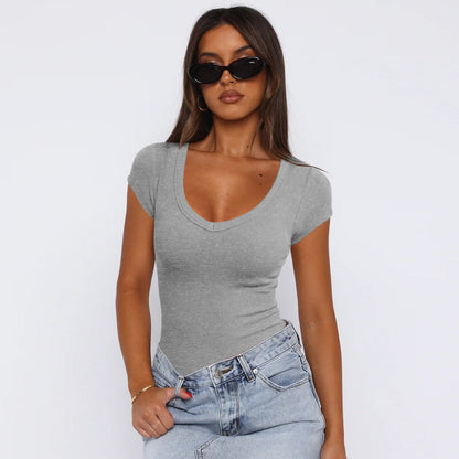Camiseta de manga corta con cuello en forma de huevo y hilo para mujer, de verano, ajustada, con hombros descubiertos