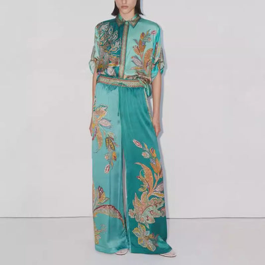 Camisa de satén con estampado retro, manga corta, cuello, pantalones, traje informal