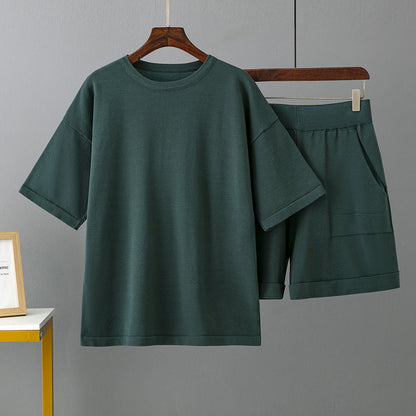 Solid Color round Neck Short Sleeve T Shirt Shorts Set Women Summer Loose Outer Wear Casual Ice Silk Two Piece Suit